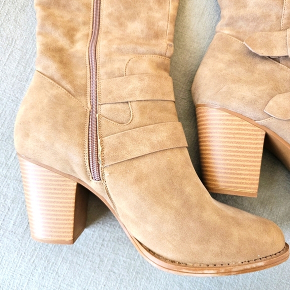 JustFab Ramonia Heeled Boot 9.5W Taupe Camel 3.5" Heel Zip Knee Winter Excellent - Picture 2 of 11